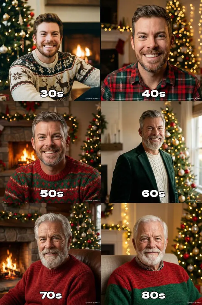 Generate the holiday photo of this person through the ages up to 80 years old